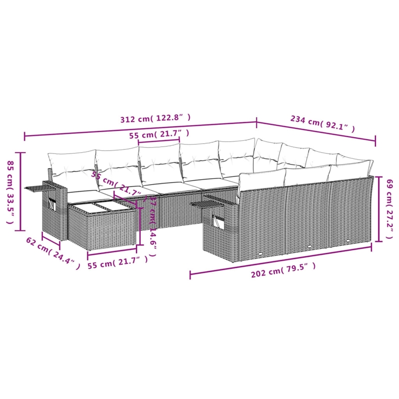 vidaXL 11 Piece Poly Rattan Sofa Set in Gray