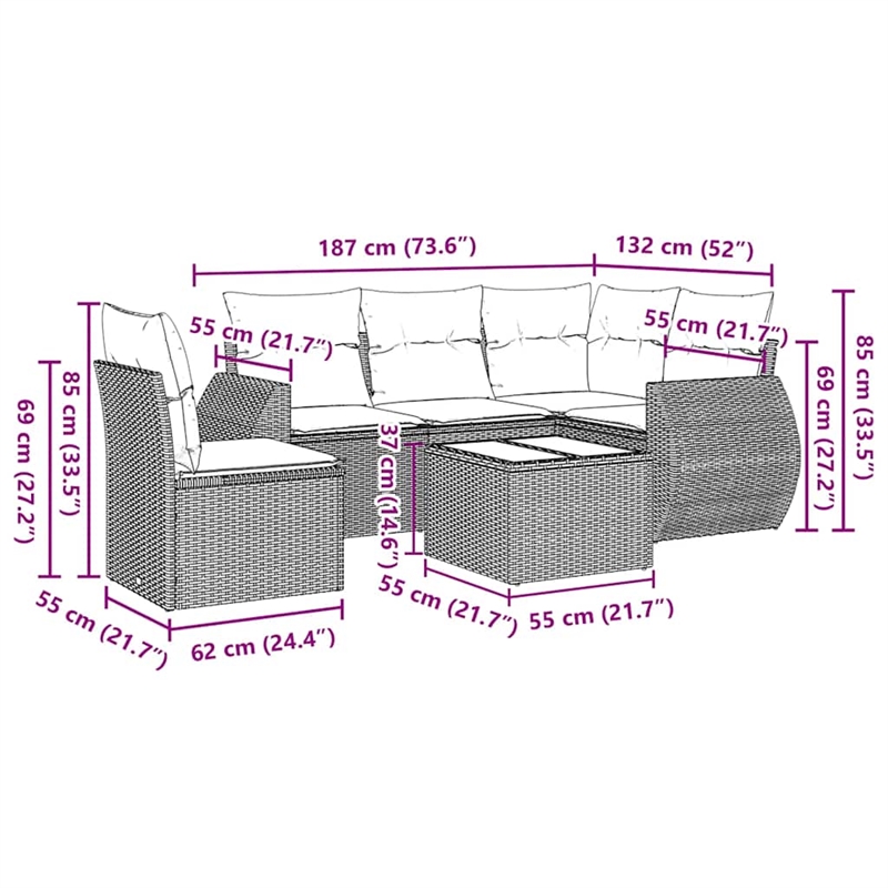 vidaXL 6 Piece Steel Sofa Set in Black