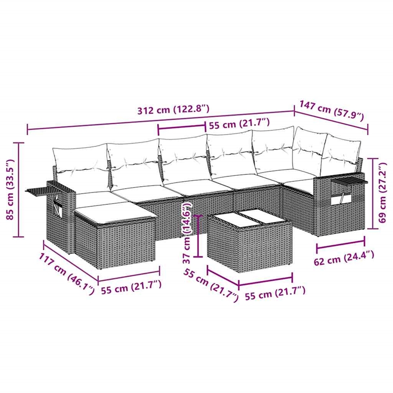 vidaXL 8 Piece Steel Sofa Set in Black