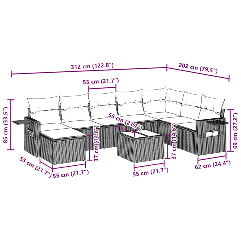 vidaXL 9 Piece Steel Sofa Set in Black/White/Cream