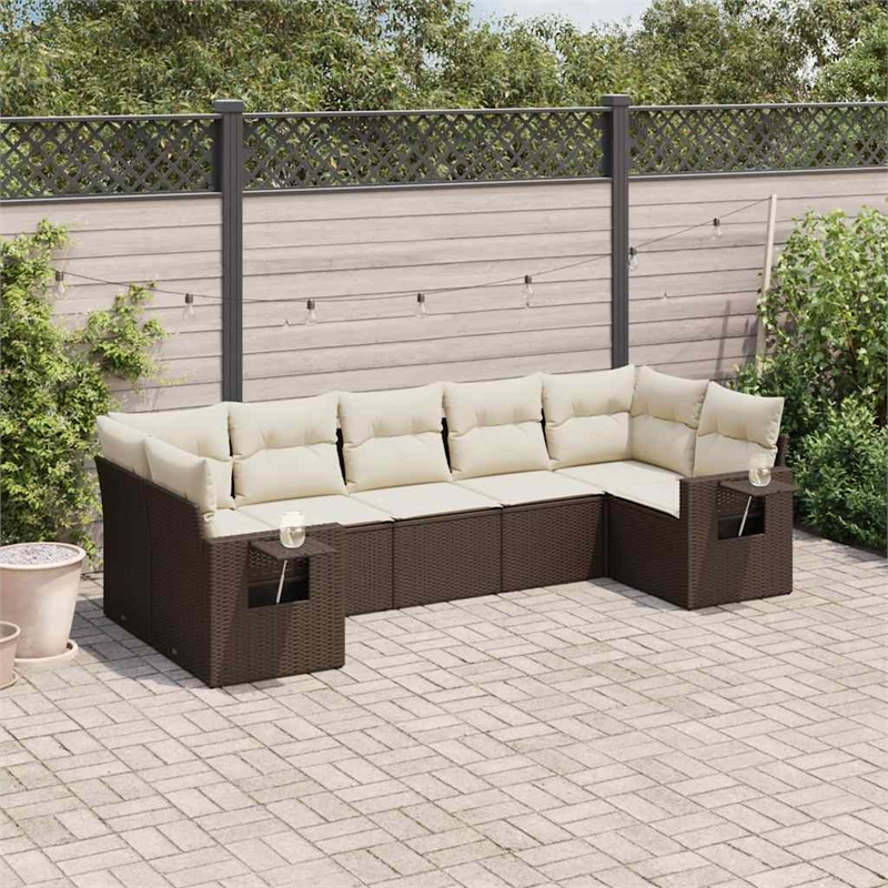 vidaXL 7 Piece Poly Rattan Small Sofa Set in White/Brown/Cream