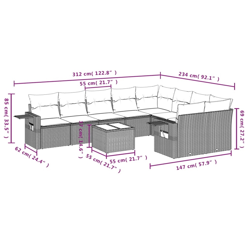 vidaXL 10 Piece Poly Rattan Sofa Set in Black/White/Cream