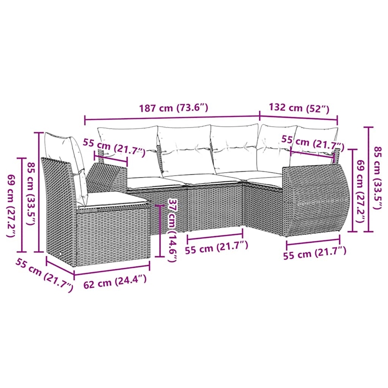 vidaXL 5 Piece Steel Sofa Set in Black