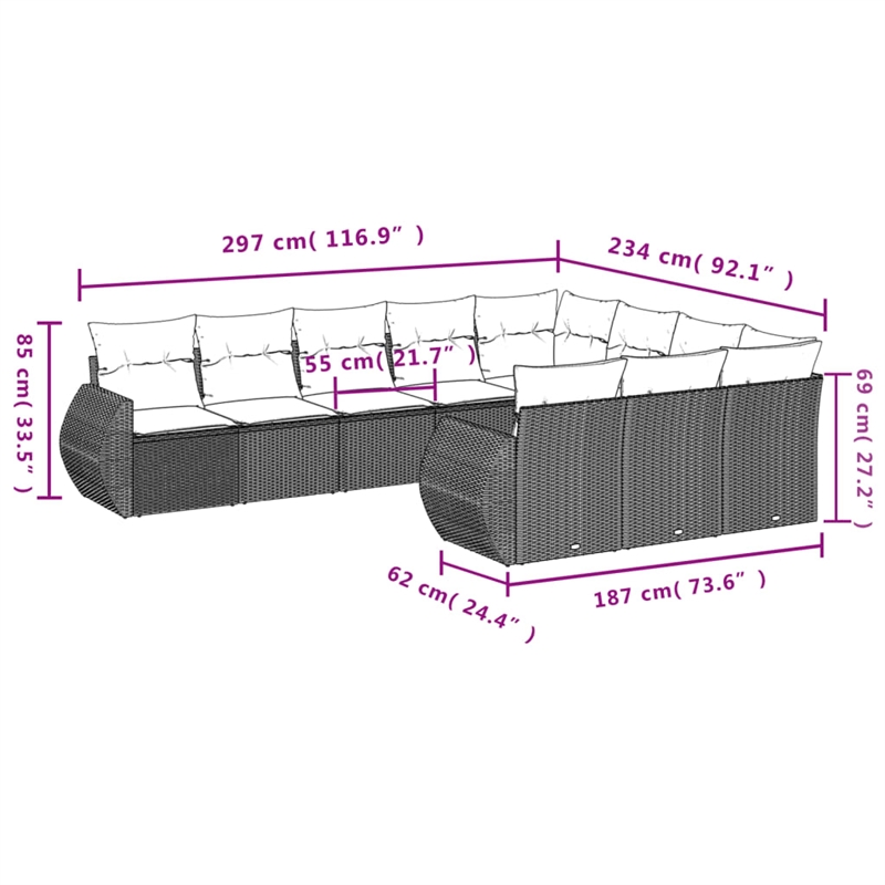 vidaXL 10 Piece Poly Rattan Sofa Set in Gray