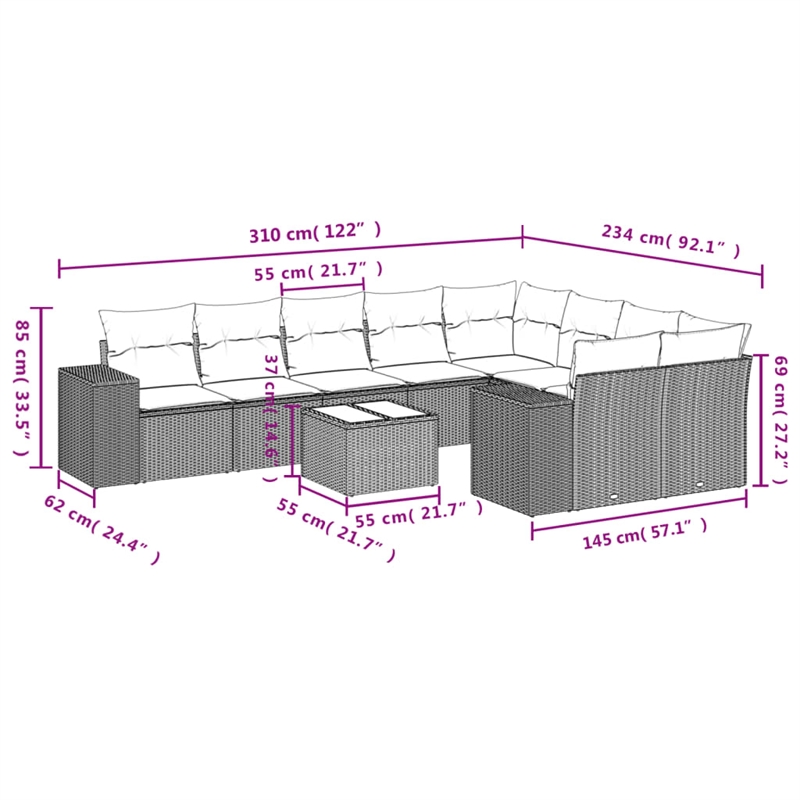vidaXL 10 Piece Poly Rattan Sofa Set in Gray/Beige
