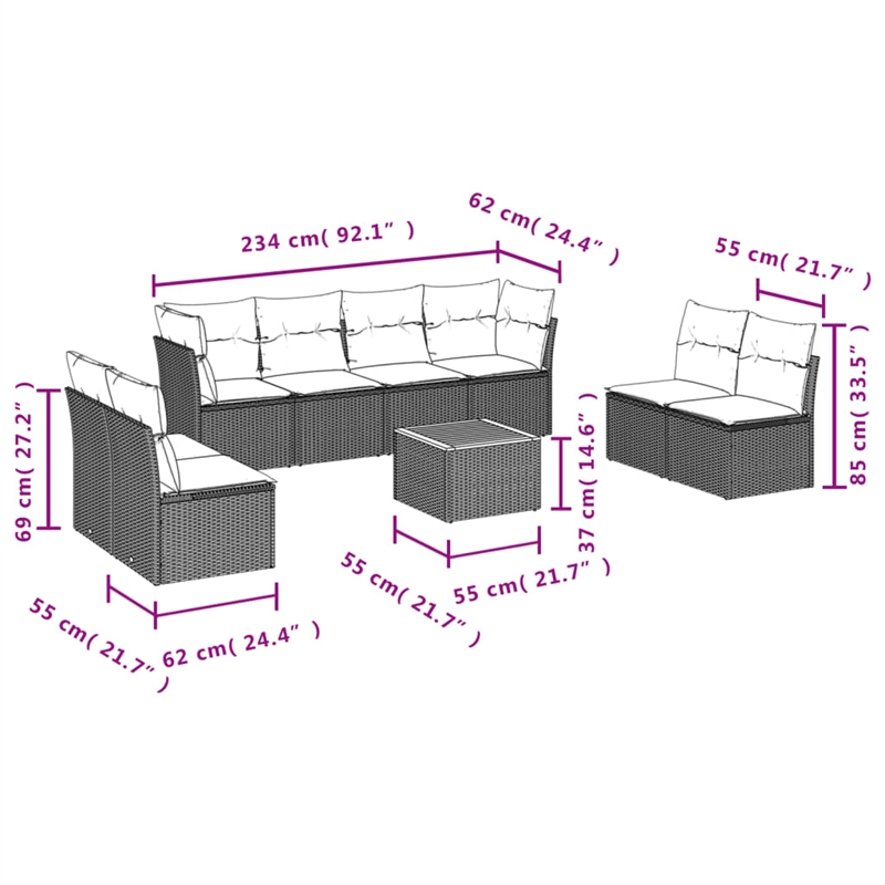 vidaXL 9 Piece Solid Acacia Wood Sofa Set in Black
