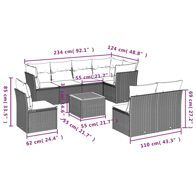 vidaXL 9 Piece Poly Rattan Small Sofa Set in Beige