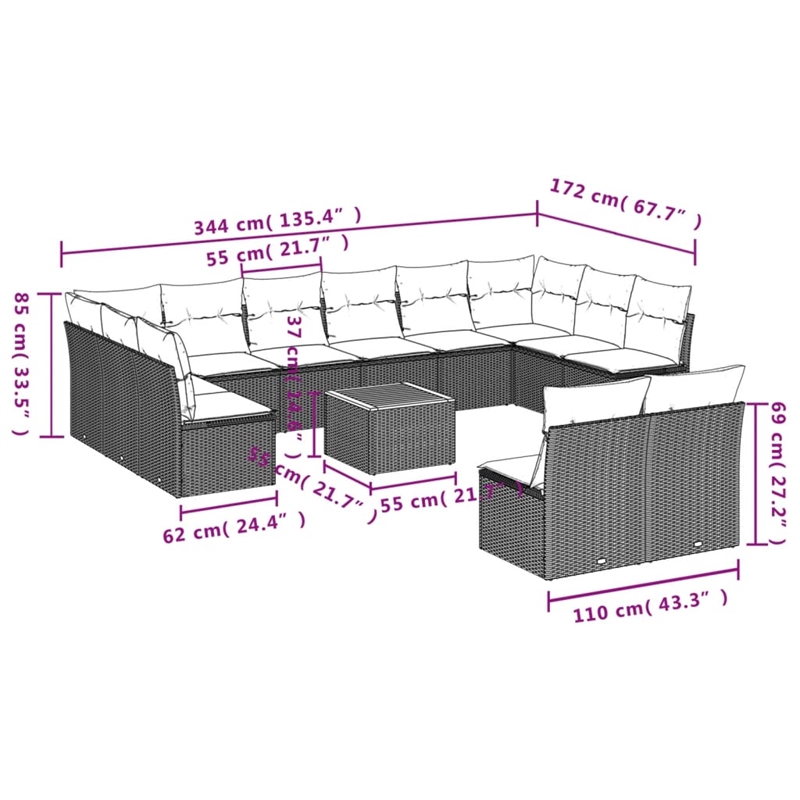 vidaXL 13 Piece Solid Acacia Wood Sofa Set in Gray