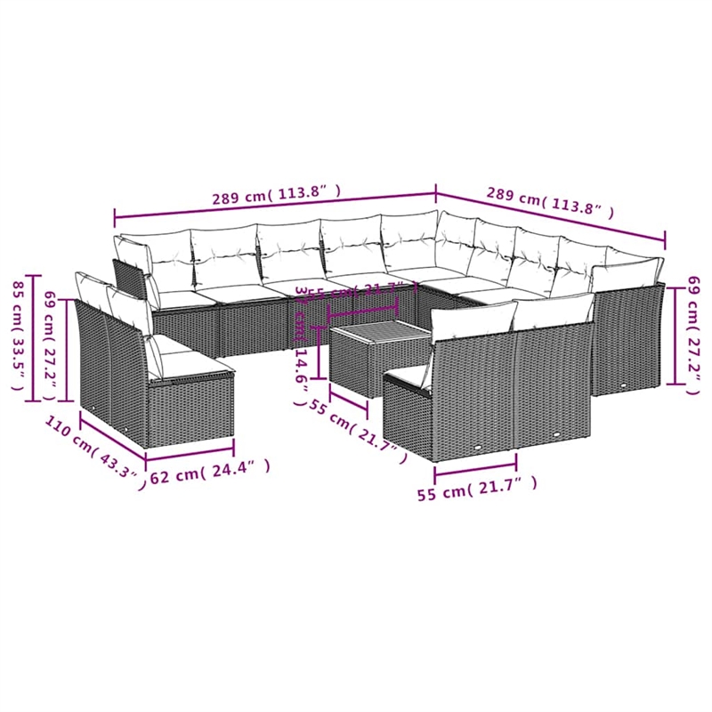 vidaXL 14 Piece Poly Rattan Sofa Set in Black/White/Cream