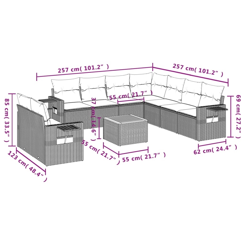 vidaXL 10 Piece Poly Rattan Sofa Set in Gray