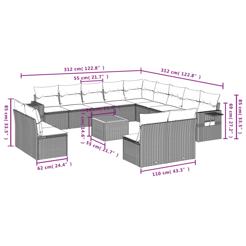 vidaXL 14 Piece Steel Sofa Set in Black