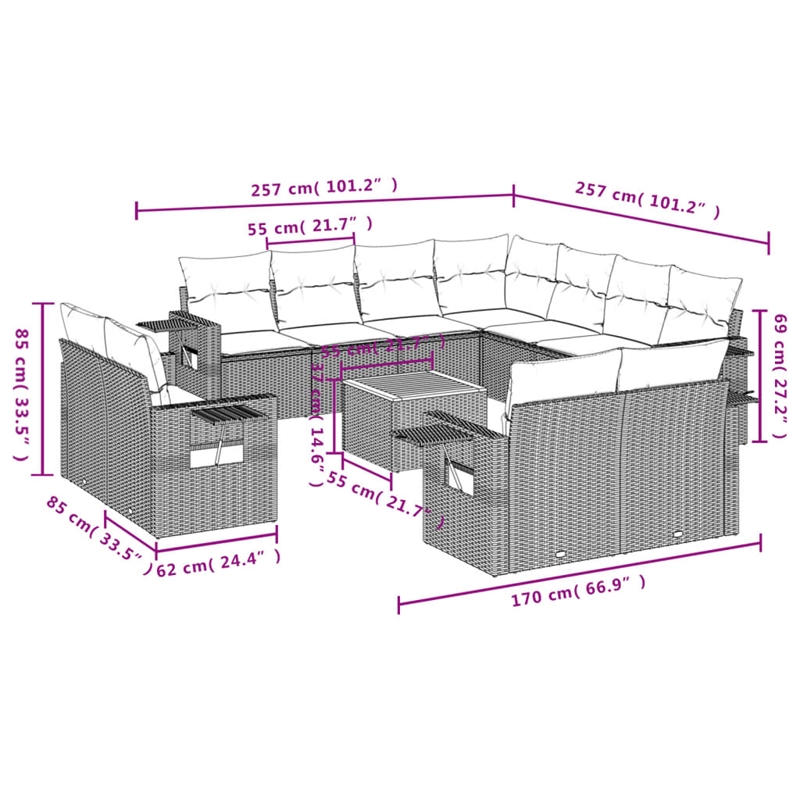 vidaXL 12 Piece Steel Large Sofa Set in Black/Cream