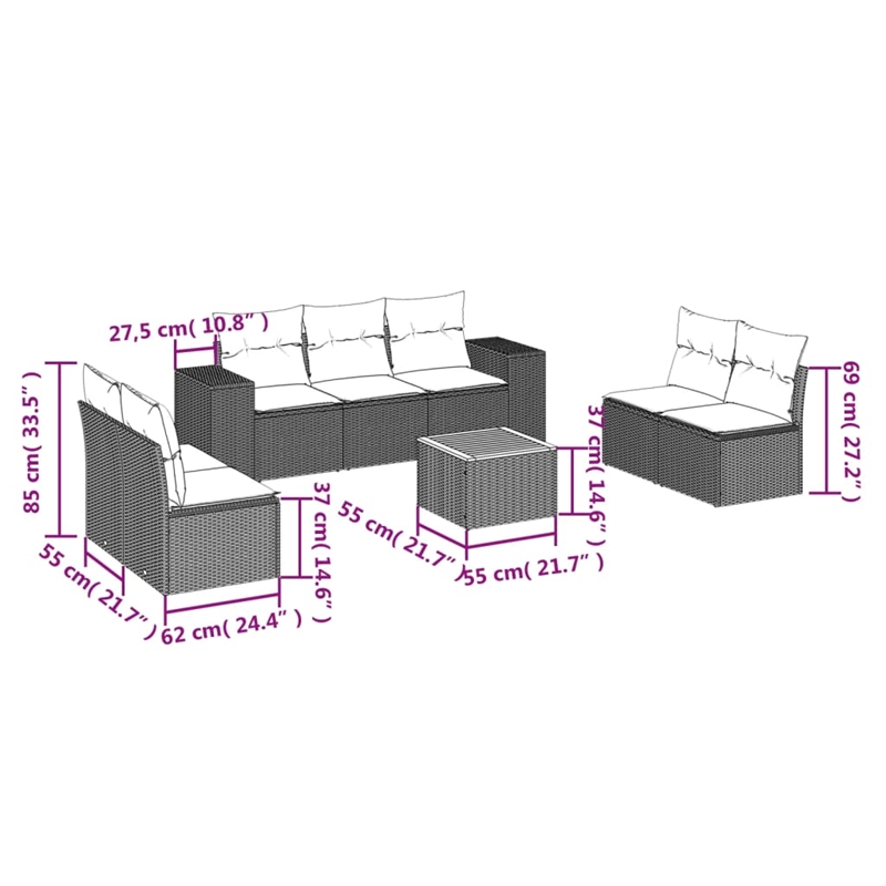 vidaXL 8 Piece Solid Acacia Wood Large Sofa Set in Gray