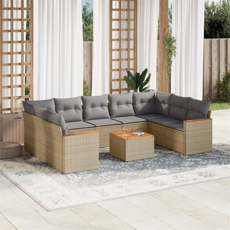 vidaXL 10 Piece Solid Acacia Wood Large Sofa Set in Beige