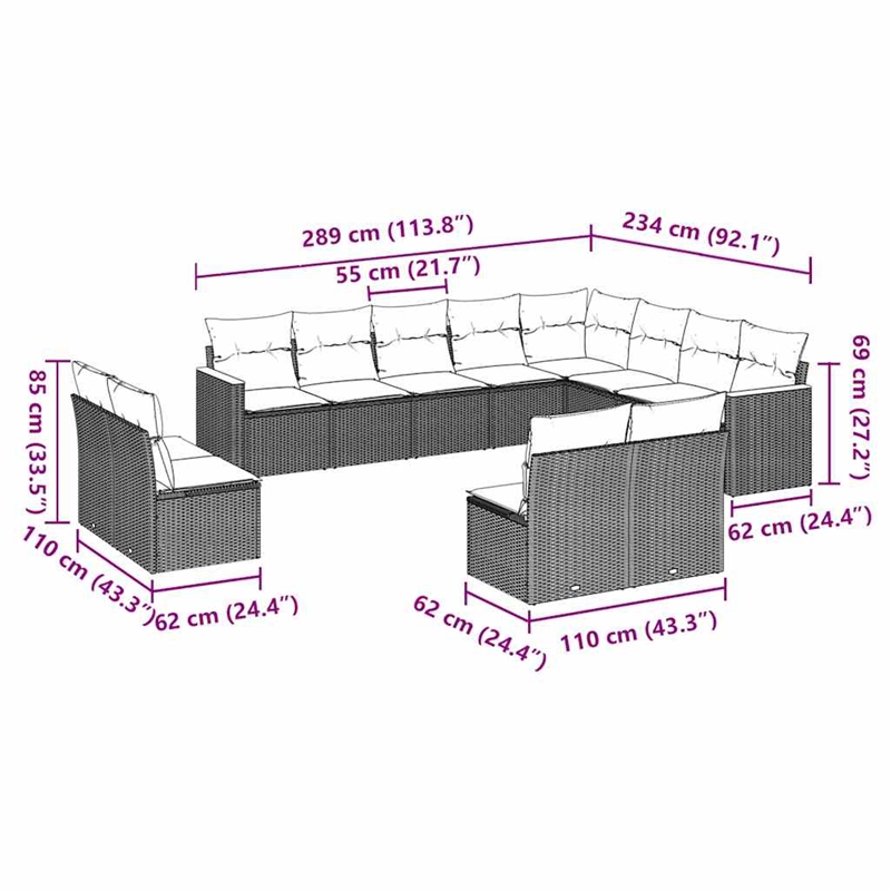 vidaXL 12 Piece Large Sofa Set in Black