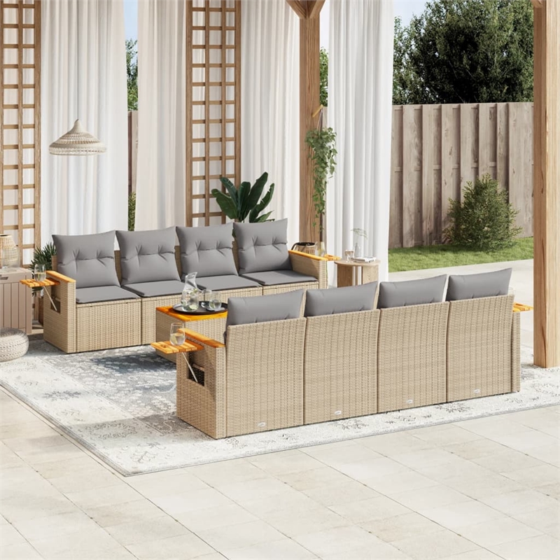 vidaXL 9 Piece Solid Acacia Wood Large Sofa Set in Beige