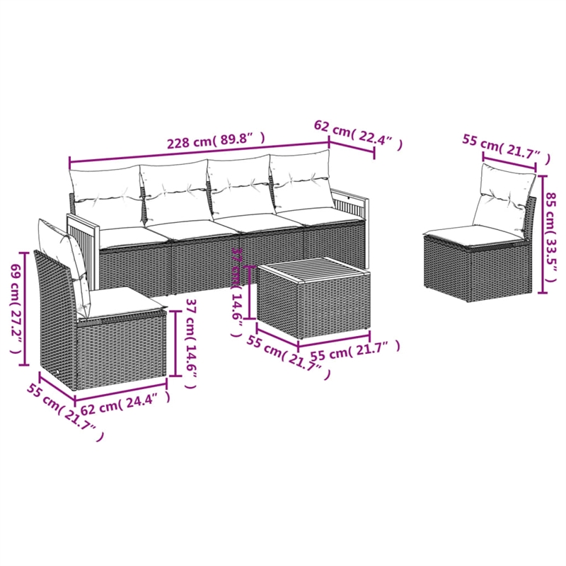 vidaXL 7 Piece Solid Acacia Wood Large Sofa Set in Gray