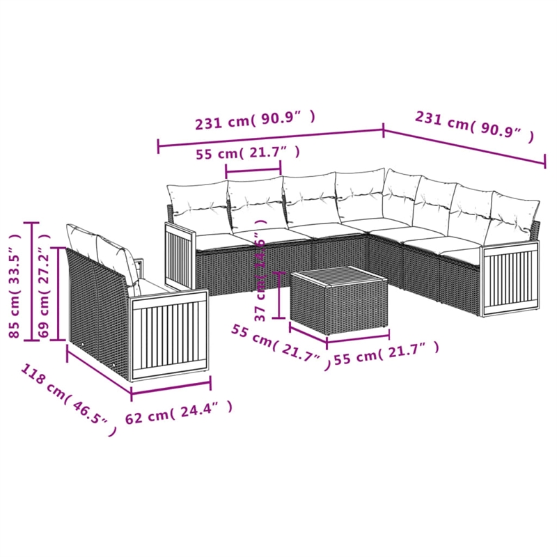 vidaXL 10 Piece Poly Rattan Small Sofa Set in Black/Cream