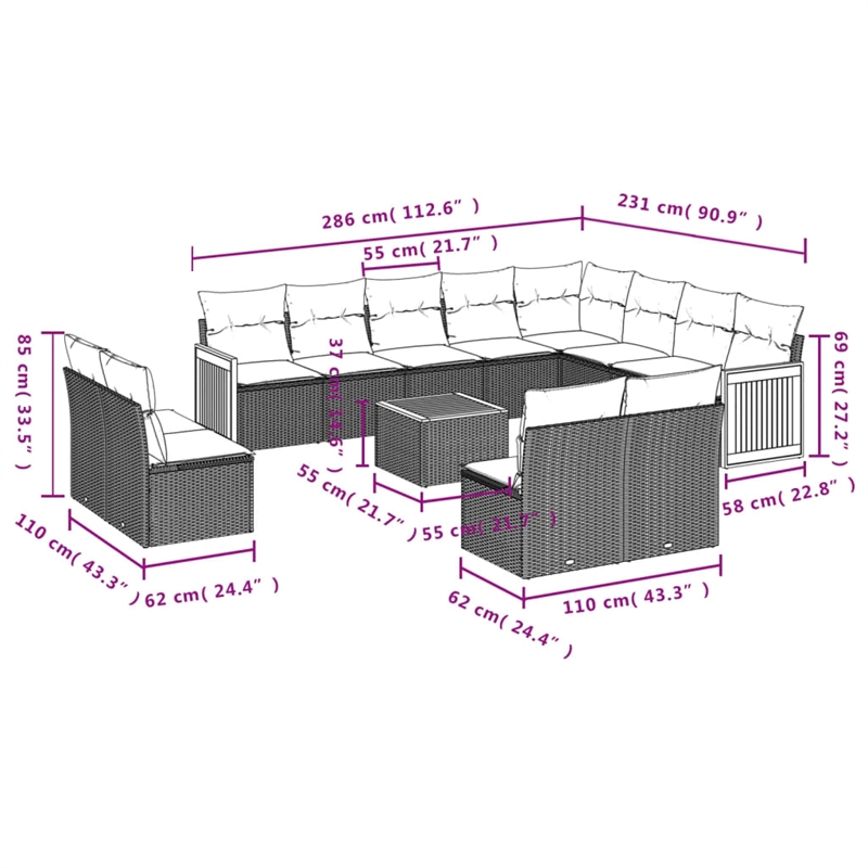 vidaXL 13 Piece Solid Acacia Wood Sofa Set in Gray
