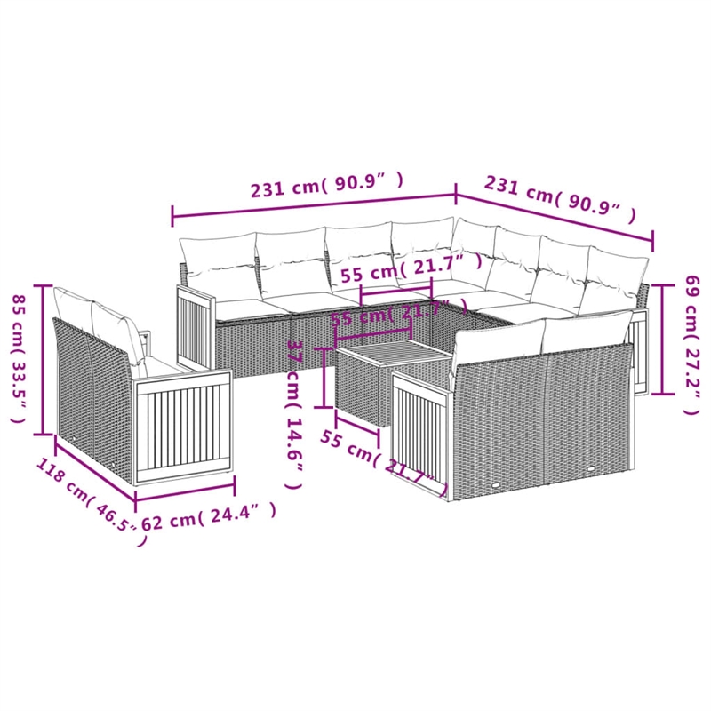 vidaXL 12 Piece Poly Rattan Large Sofa Set in Beige