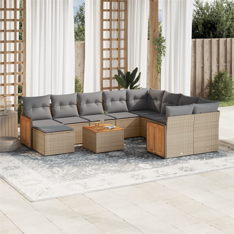 vidaXL 11 Piece Solid Acacia Wood Large Sofa Set in Beige