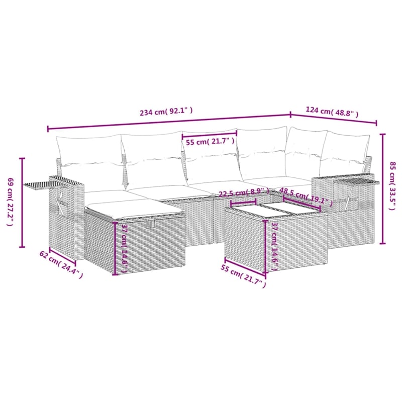 vidaXL 7 Piece Poly Rattan Large Sofa Set in Gray