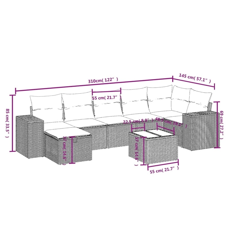 vidaXL 8 Piece Poly Rattan Small Sofa Set in Beige
