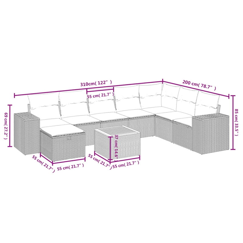 vidaXL 9 Piece Steel Sofa Set in Gray/Beige
