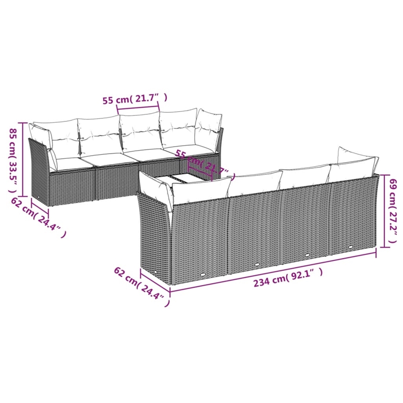 vidaXL 9 Piece Poly Rattan Large Sofa Set in Gray