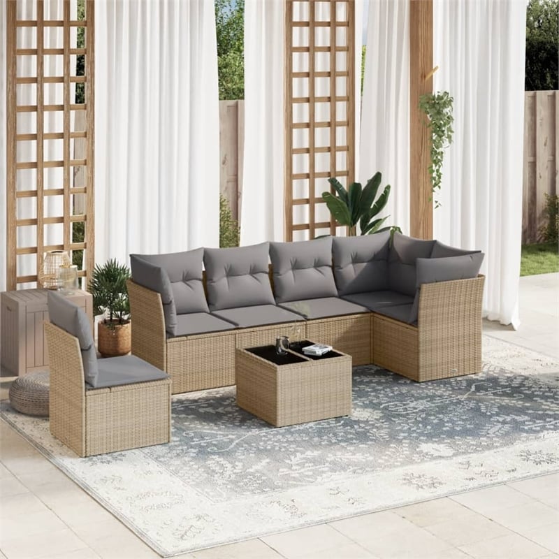 vidaXL 7 Piece Poly Rattan Sofa Set in Gray/Beige