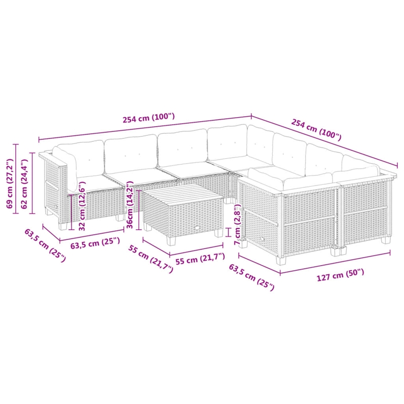 vidaXL 9 Piece Poly Rattan Sofa Set in Black/Cream
