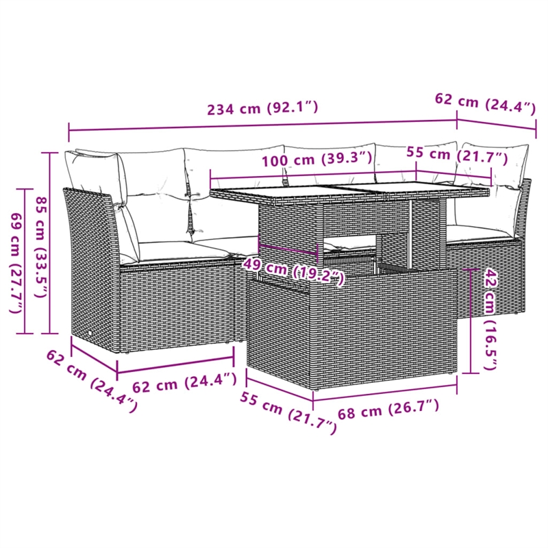 vidaXL Poly Rattan Sofa Set in Black/White/Cream