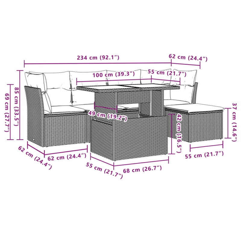 vidaXL 6 Piece Poly Rattan Sofa Set in Gray