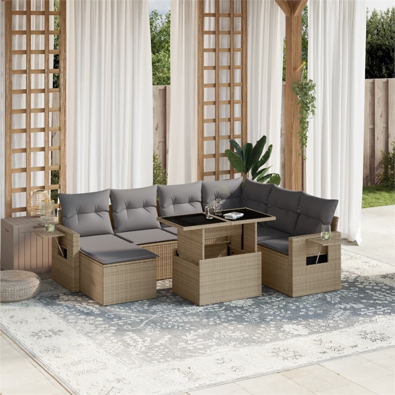 vidaXL Poly Rattan Sofa Set in Gray/Beige