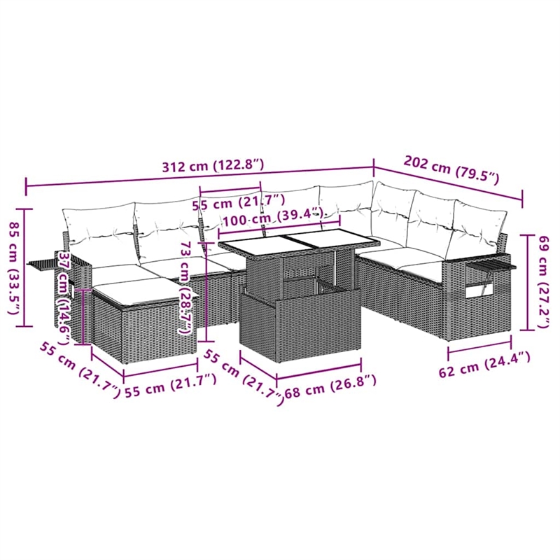 vidaXL 9 Piece Steel Sofa Set in Black/White/Cream