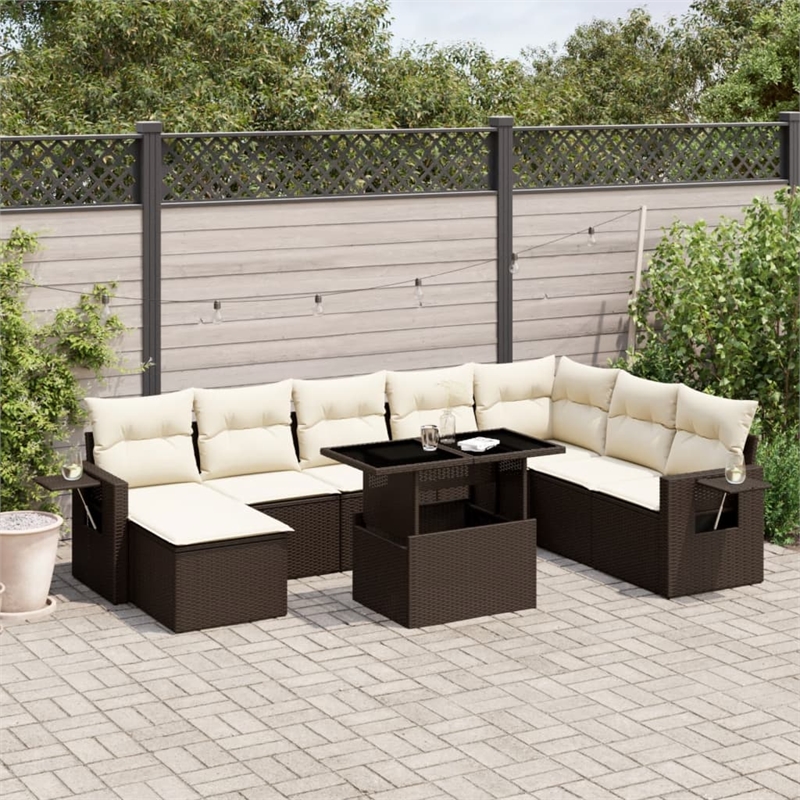 vidaXL 9 Piece Poly Rattan Sofa Set in White/Brown/Cream