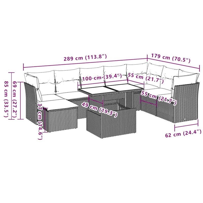 vidaXL 9 Piece Steel Sofa Set in Black
