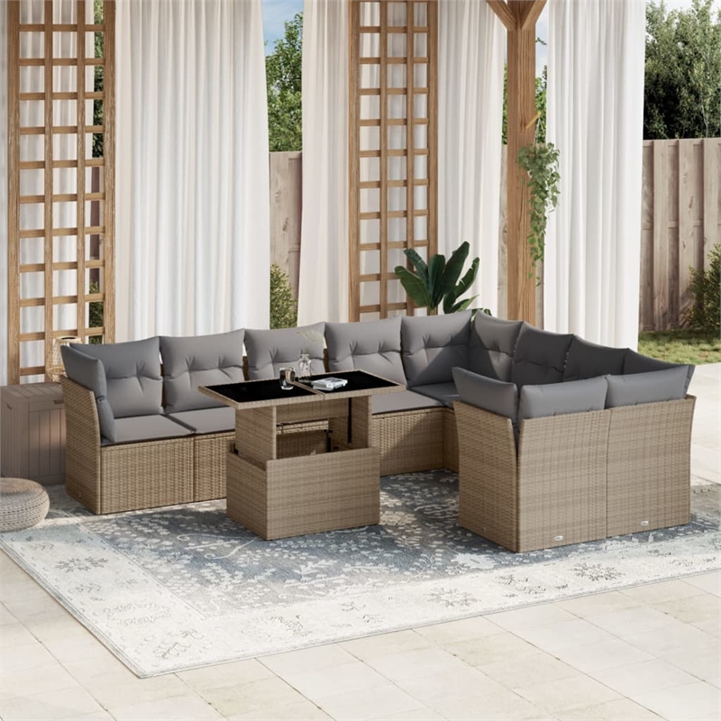 vidaXL 10 Piece Poly Rattan Sofa Set in Beige