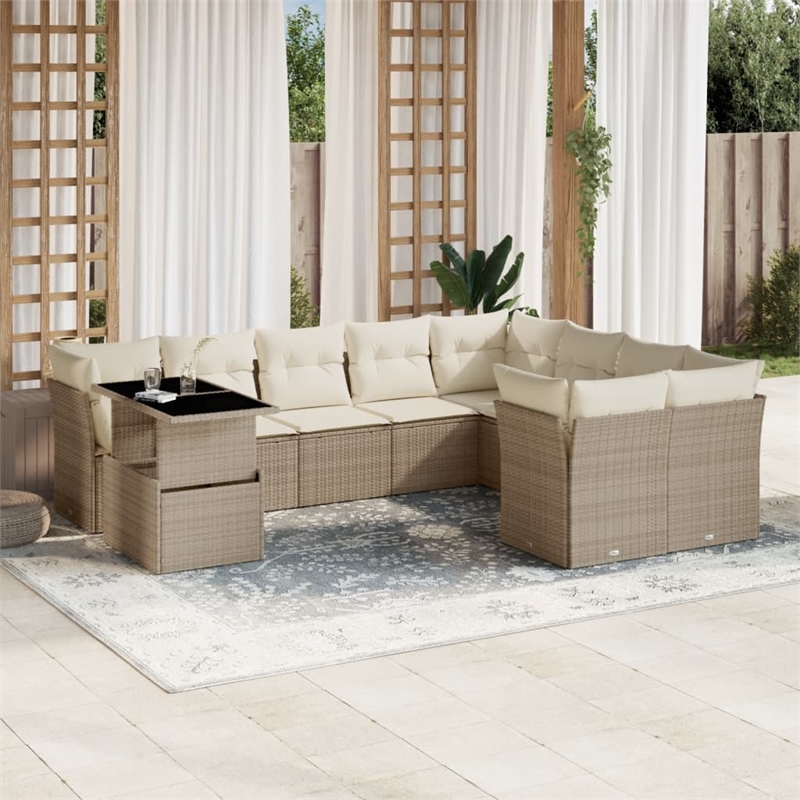 vidaXL 10 Piece Poly Rattan Sofa Set in White/Cream/Beige