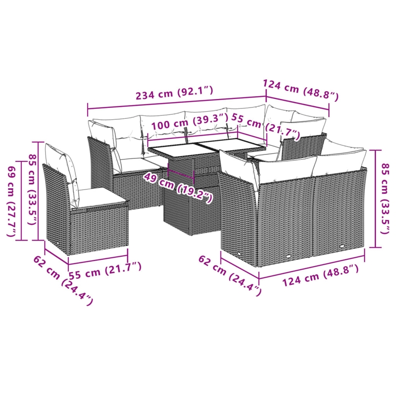 vidaXL 9 Piece Poly Rattan Sofa Set in Gray