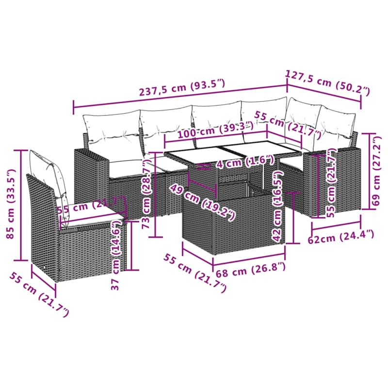 vidaXL 7 Piece Poly Rattan Large Sofa Set in Gray