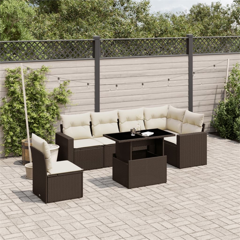 vidaXL 7 Piece Poly Rattan Sofa Set in White/Brown/Cream