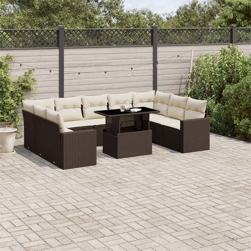 vidaXL 10 Piece Poly Rattan Sofa Set in White/Brown/Cream