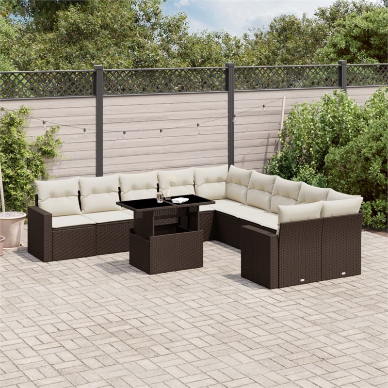 vidaXL 11 Piece Poly Rattan Large Sofa Set in White/Brown/Cream