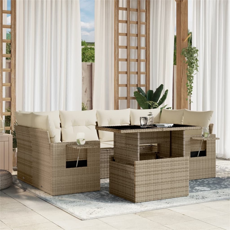 vidaXL 7 Piece Poly Rattan Sofa Set in White/Cream/Beige