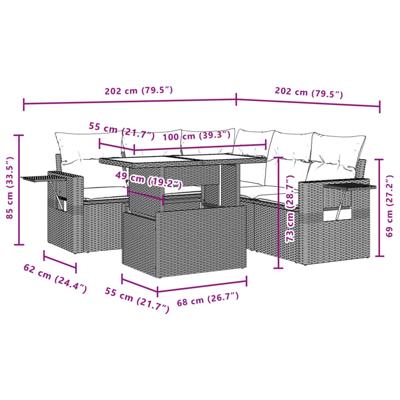 vidaXL 6 Piece Poly Rattan Sofa Set in Gray