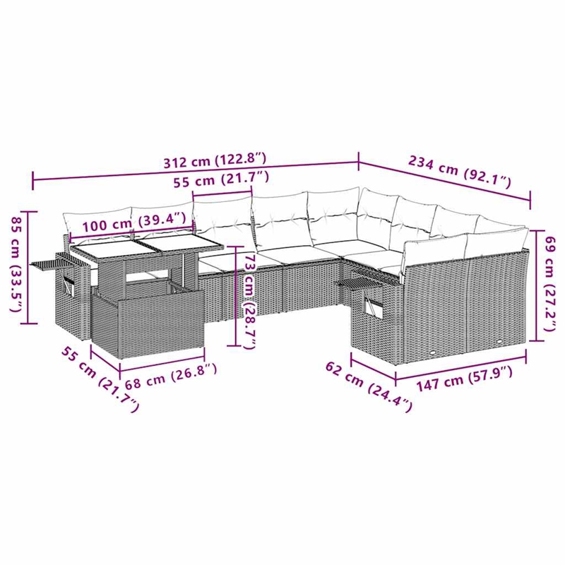 vidaXL 10 Piece Steel Small Sofa Set in Black