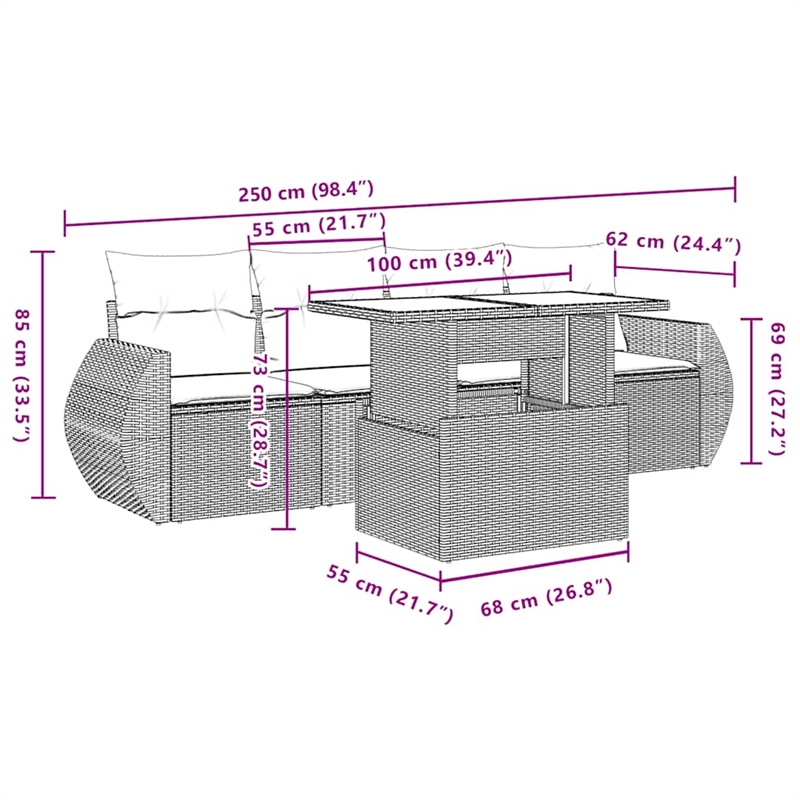 vidaXL 5 Piece Poly Rattan Patio Sofa Set in Gray