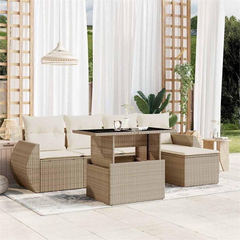 vidaXL 6 Piece Poly Rattan Large Sofa Set in White/Cream/Beige