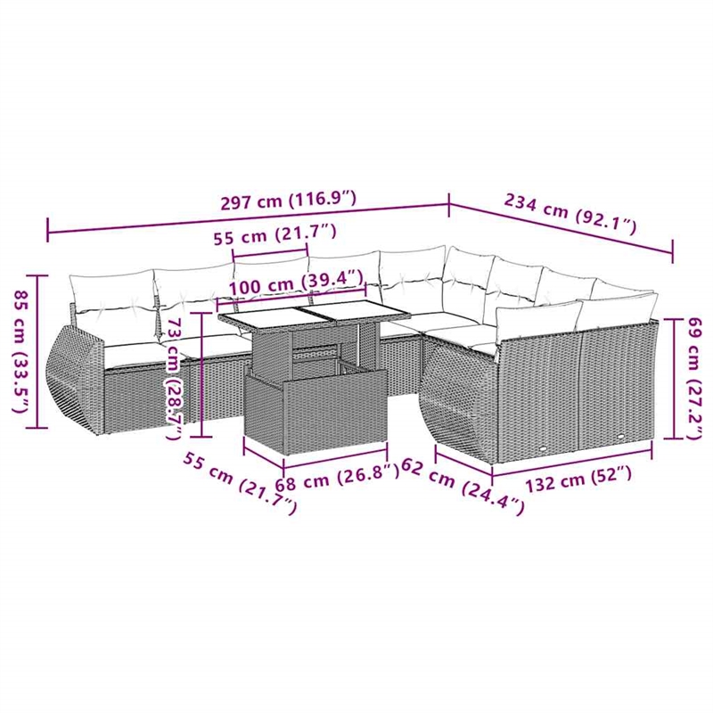 vidaXL 10 Piece Steel Large Sofa Set in Gray/Anthracite